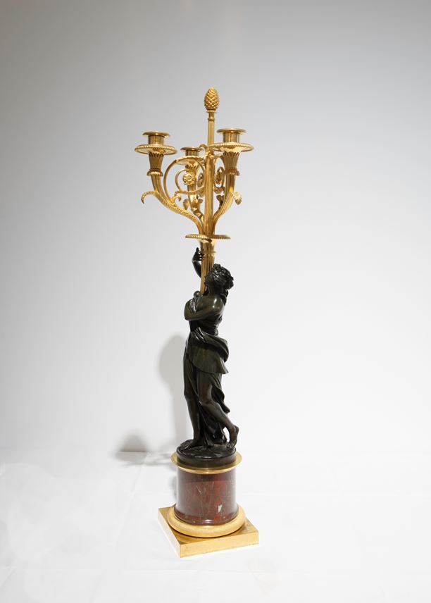 Francois Remond - A Pair of three-branch ormolu Candelabra with patinated bronze figures of Zephyrus and Flora, on rouge griotte marble columns | MasterArt